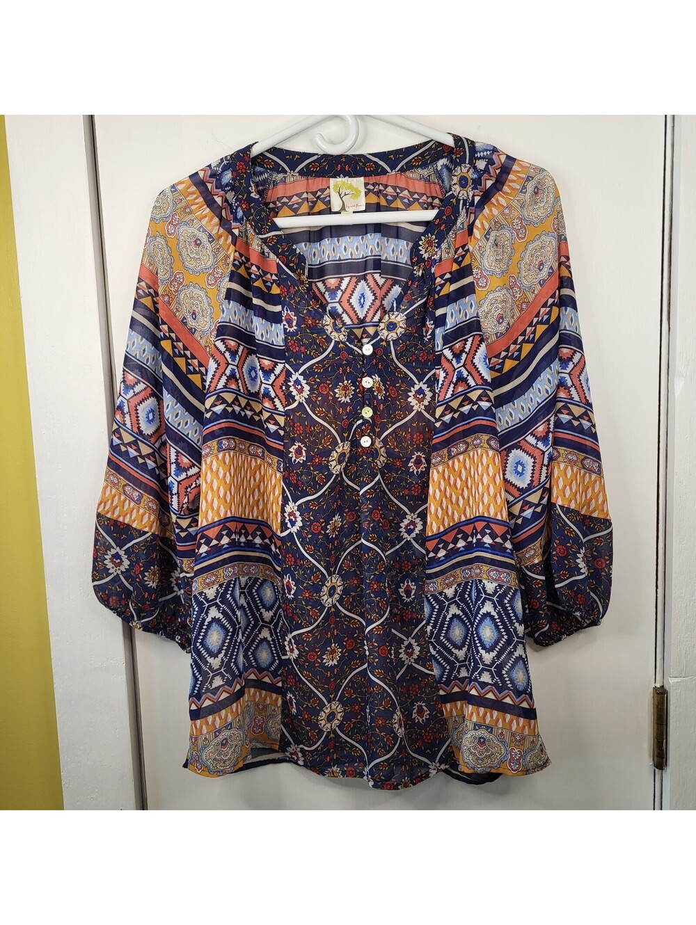Figueroa & Flower blouse blue & orange geometric & paisley print button details